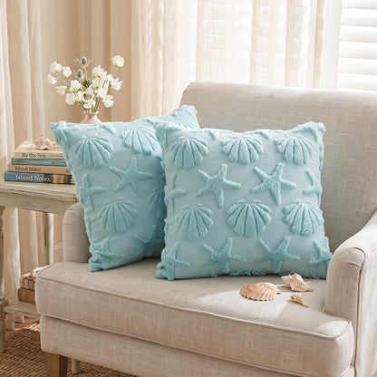 Light blue seashell and starfish pillow cover design
