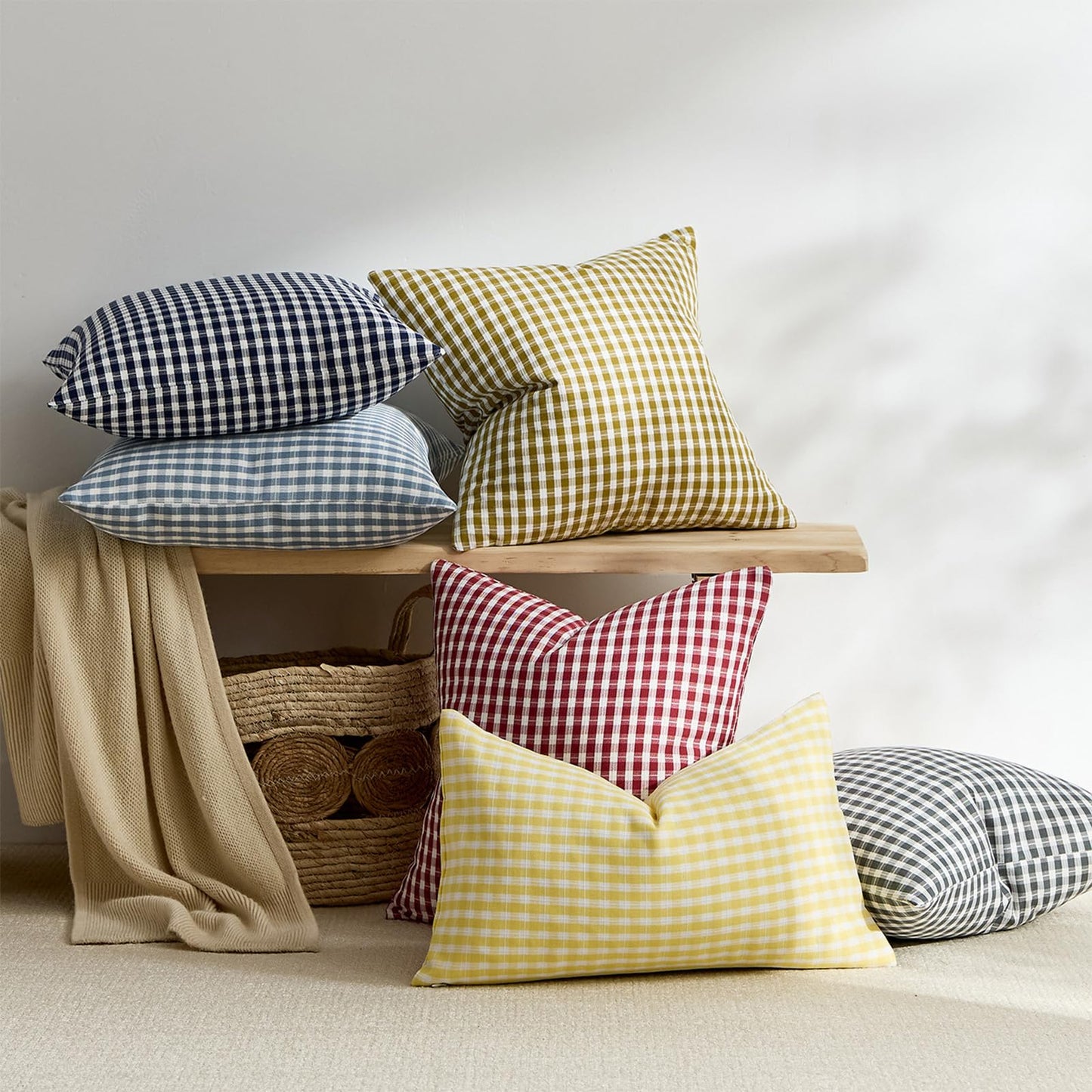HOSTECCO Outdoor Waterproof Plaid Throw Pillow Covers Set of 2, Orange Gingham Couch Pillow Cases, Boho Farmhouse Cushion Covers for Patio Furniture Summer Fall Decor
