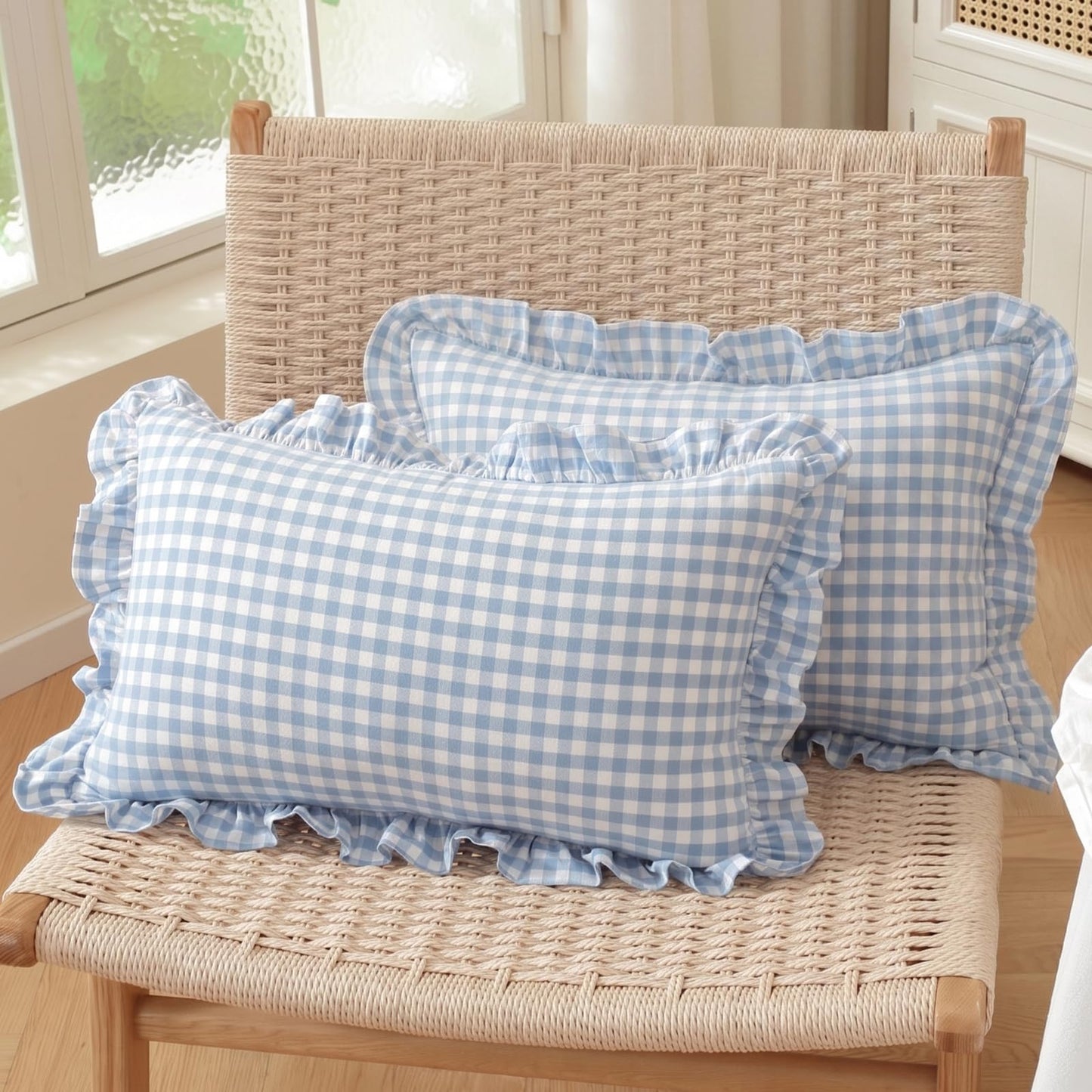 HOSTECCO Set of 2 Light Blue and White Ruffle Throw Pillow Covers 18x18 Inch, Gingham Plaid Pillow Cases, French Country Decorative Pillows for Bed
