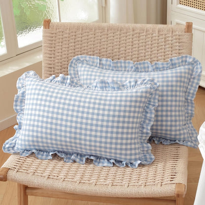 HOSTECCO Set of 2 Light Blue and White Ruffle Throw Pillow Covers 18x18 Inch, Gingham Plaid Pillow Cases, French Country Decorative Pillows for Bed