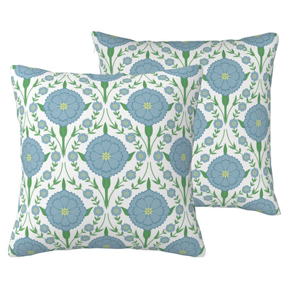 HOSTECCO Waterproof Outdoor Throw Pillow Covers, Pack of 2 Spring Blue and Green Floral Block Print Decorative Covers for Garden Couch