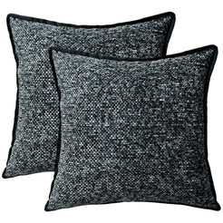 Set of two chenille-textured polyester pillow covers with charcoal chenille texture with black edged trim