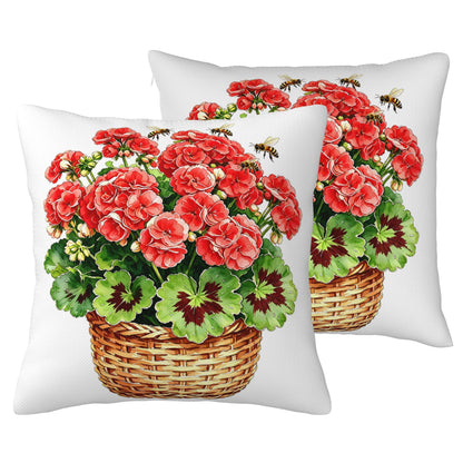 HOSTECCO Waterproof Floral Pillow Covers 18x18 Set of 2, Spring Outdoor Throw Pillows, Red Geranium Flower Basket Bee Farmhouse Decorative Accent Cases for Couch Patio Garden