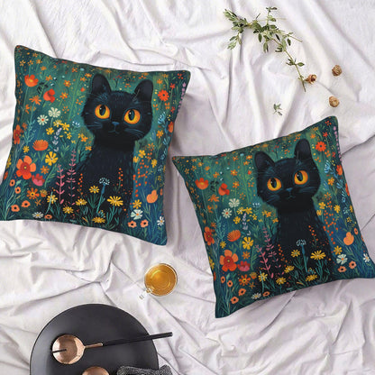 HOSTECCO Floral Black Cat Throw Pillow Covers, Waterproof Spring Pillow Covers with Colorful Wildflowers, Cute Garden Cat Throw Pillows for Couch Sofa Bedroom, Cat Lady Mom Gift Decor