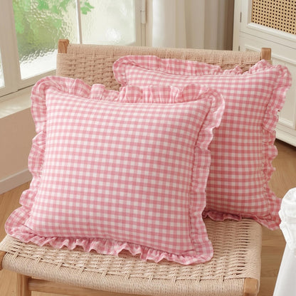 HOSTECCO Set of 2 Light Blue and White Ruffle Throw Pillow Covers 18x18 Inch, Gingham Plaid Pillow Cases, French Country Decorative Pillows for Bed