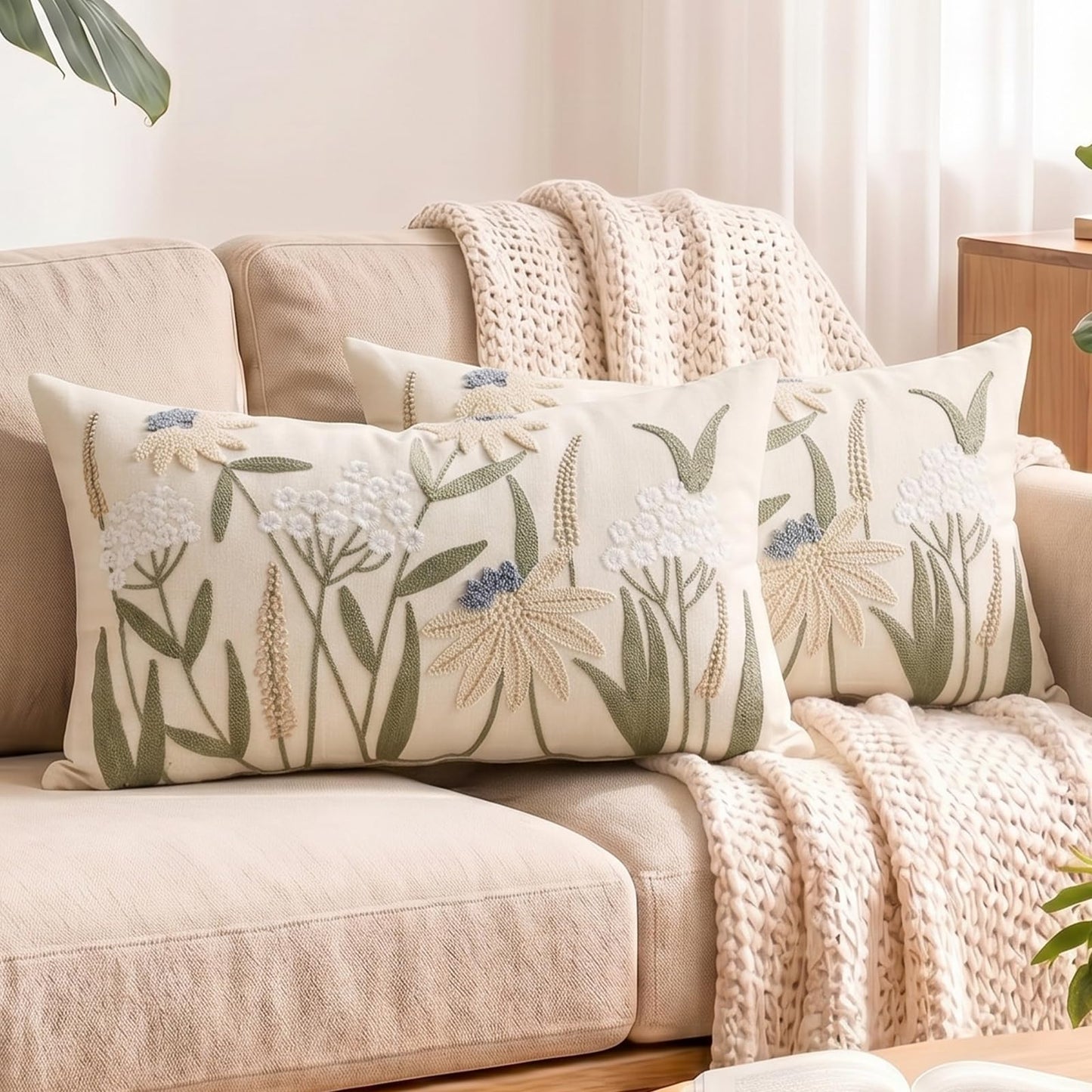 HOSTECCO Butterfly Floral Embroidered Lumbar Pillow Covers 12x20 Set of 2, Boho Textured Flower Decorative Throw Pillow Cases, Spring Summer Garden Style Cushion Covers for Spring Decor