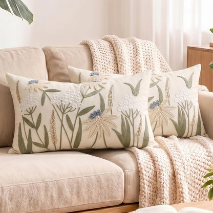 HOSTECCO Butterfly Floral Embroidered Lumbar Pillow Covers 12x20 Set of 2, Boho Textured Flower Decorative Throw Pillow Cases, Spring Summer Garden Style Cushion Covers for Spring Decor