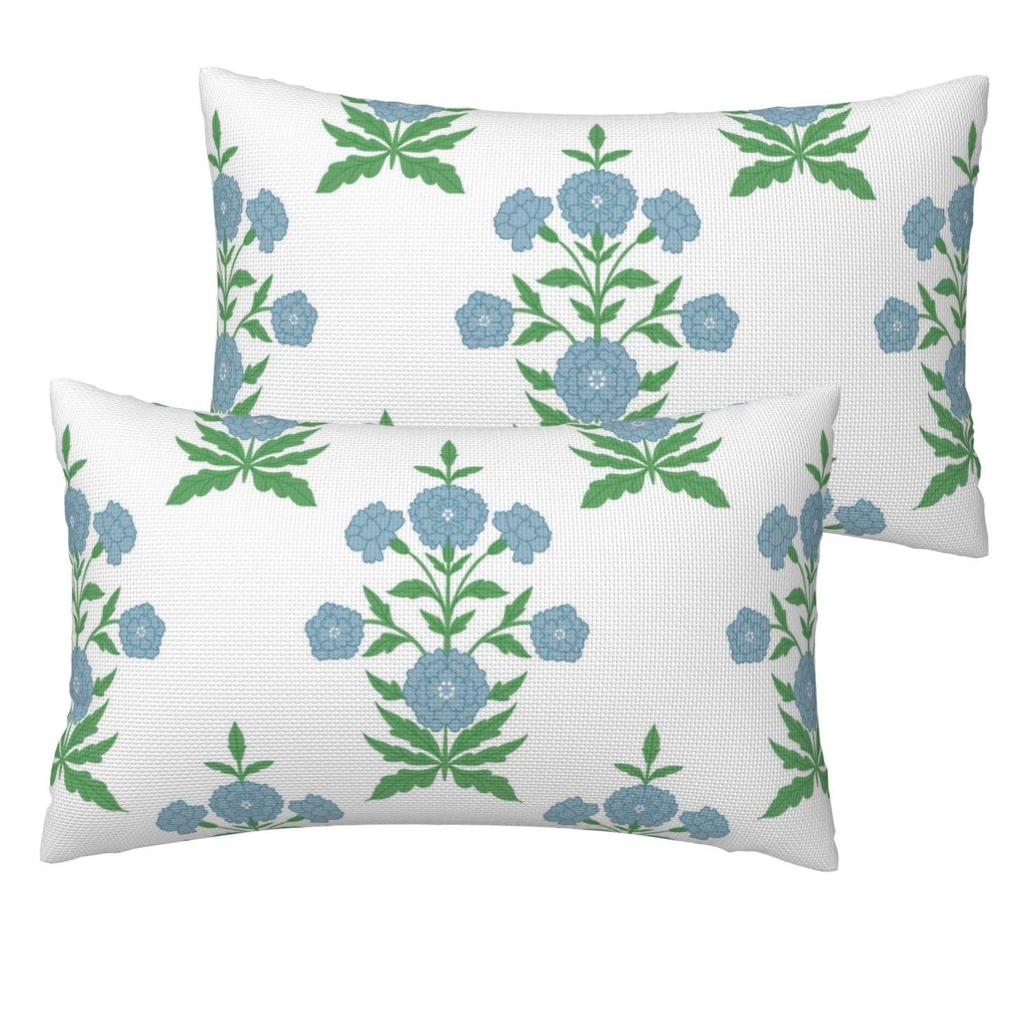 HOSTECCO Waterproof Outdoor Throw Pillow Covers, Pack of 2 Spring Blue and Green Floral Block Print Decorative Covers for Garden Couch