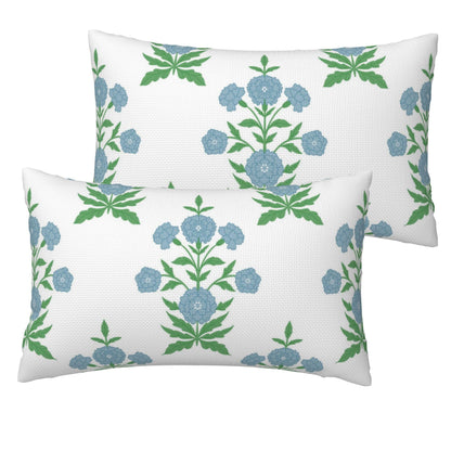 HOSTECCO Waterproof Outdoor Throw Pillow Covers, Pack of 2 Spring Blue and Green Floral Block Print Decorative Covers for Garden Couch