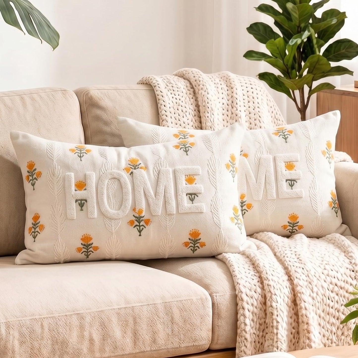 HOSTECCO Butterfly Floral Embroidered Lumbar Pillow Covers 12x20 Set of 2, Boho Textured Flower Decorative Throw Pillow Cases, Spring Summer Garden Style Cushion Covers for Spring Decor