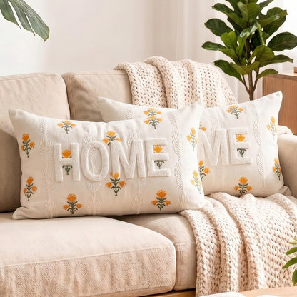 HOSTECCO Butterfly Floral Embroidered Lumbar Pillow Covers 12x20 Set of 2, Boho Textured Flower Decorative Throw Pillow Cases, Spring Summer Garden Style Cushion Covers for Spring Decor