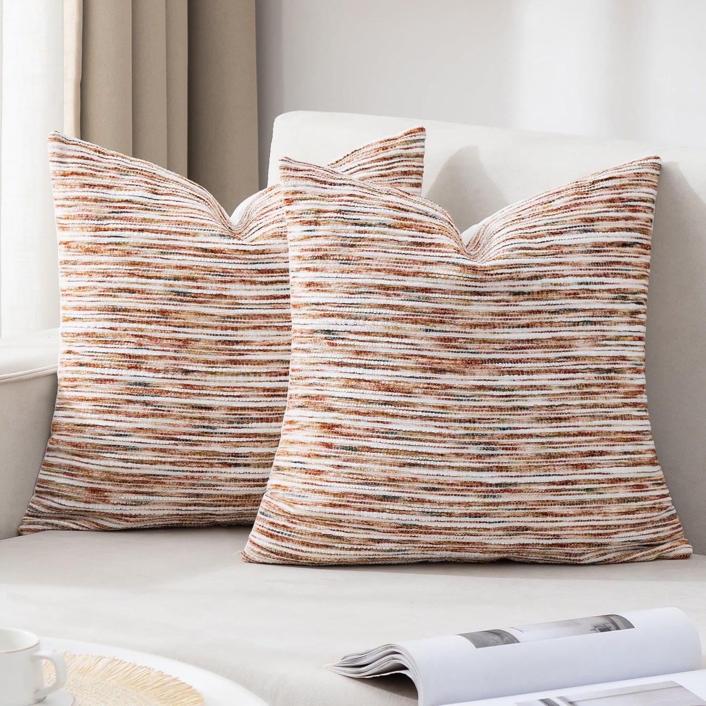 HOSTECCO Blue and White Pillow Covers 18x18 Set of 2, Chenille Striped Pillow Cases Coastal Decorative Tufted Square Cushion Covers for Blue Living Room Decor