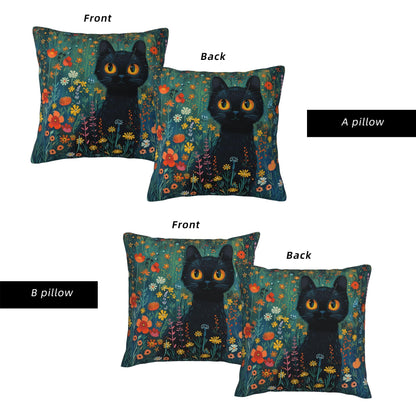 HOSTECCO Floral Black Cat Throw Pillow Covers, Waterproof Spring Pillow Covers with Colorful Wildflowers, Cute Garden Cat Throw Pillows for Couch Sofa Bedroom, Cat Lady Mom Gift Decor
