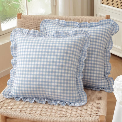 HOSTECCO Set of 2 Light Blue and White Ruffle Throw Pillow Covers 18x18 Inch, Gingham Plaid Pillow Cases, French Country Decorative Pillows for Bed