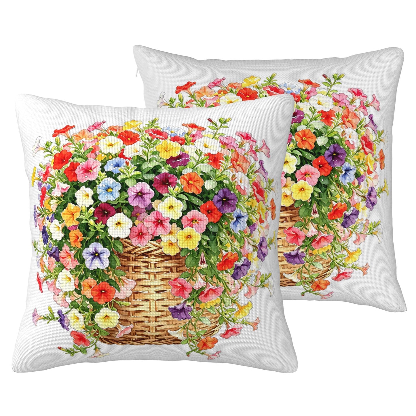 HOSTECCO Waterproof Floral Pillow Covers 18x18 Set of 2, Spring Outdoor Throw Pillows, Red Geranium Flower Basket Bee Farmhouse Decorative Accent Cases for Couch Patio Garden