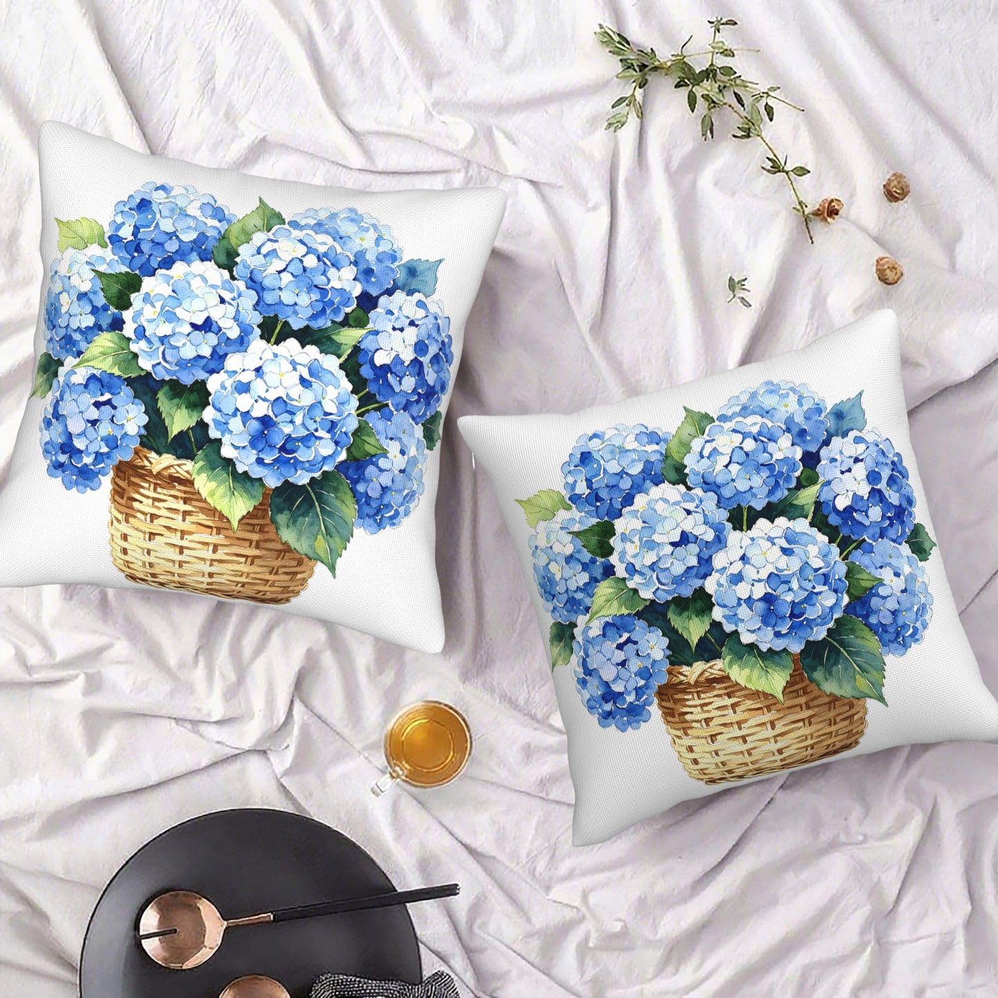 HOSTECCO Waterproof Floral Pillow Covers 18x18 Set of 2, Spring Outdoor Throw Pillows, Red Geranium Flower Basket Bee Farmhouse Decorative Accent Cases for Couch Patio Garden