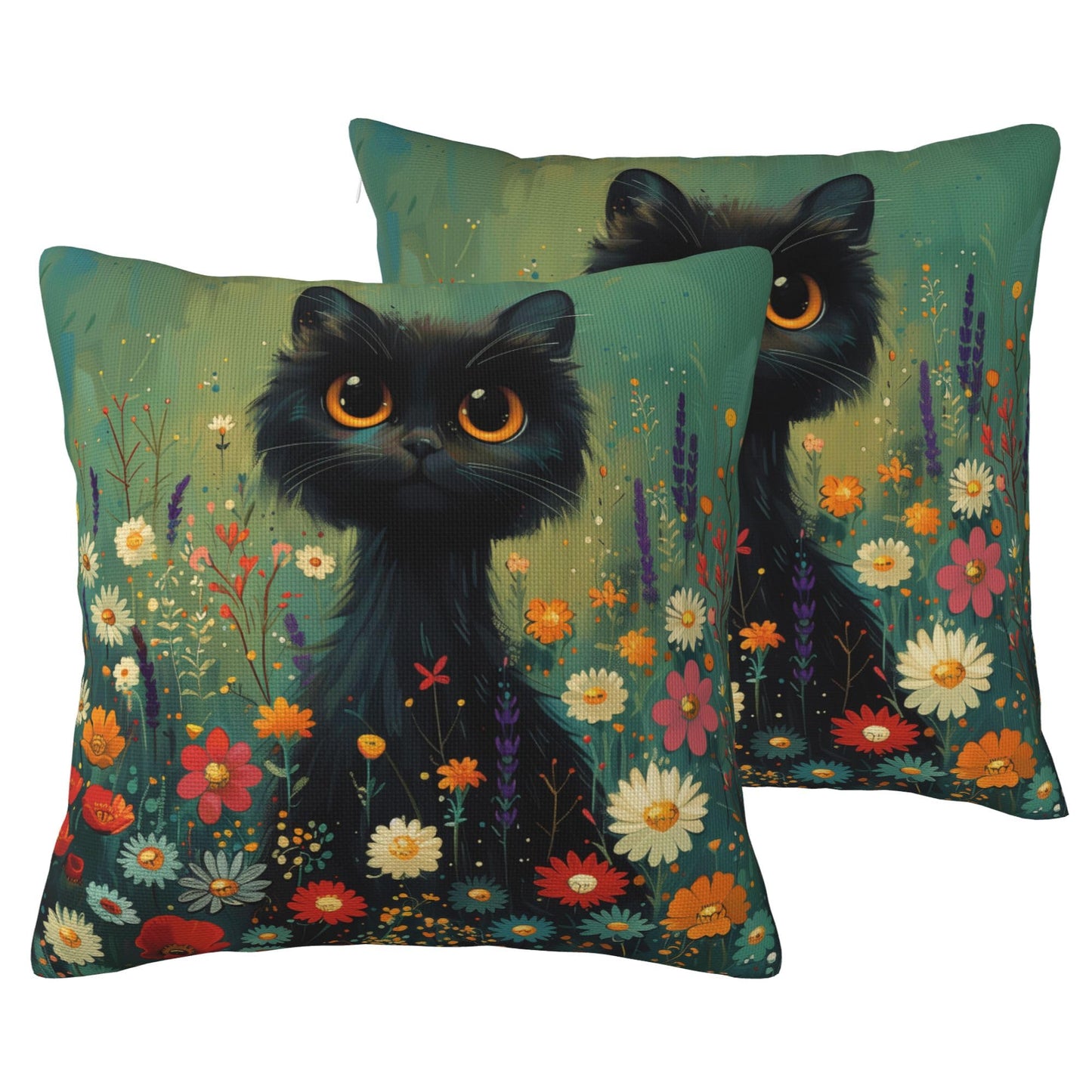 HOSTECCO Floral Black Cat Throw Pillow Covers, Waterproof Spring Pillow Covers with Colorful Wildflowers, Cute Garden Cat Throw Pillows for Couch Sofa Bedroom, Cat Lady Mom Gift Decor