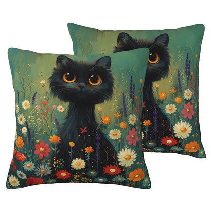 HOSTECCO Floral Black Cat Throw Pillow Covers, Waterproof Spring Pillow Covers with Colorful Wildflowers, Cute Garden Cat Throw Pillows for Couch Sofa Bedroom, Cat Lady Mom Gift Decor