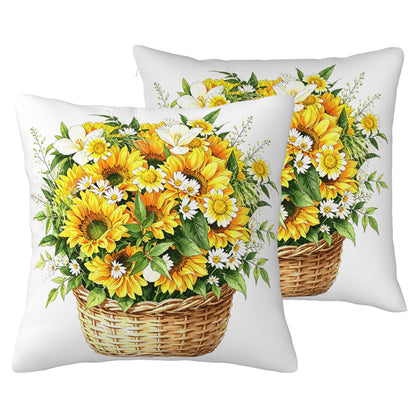 HOSTECCO Waterproof Floral Pillow Covers 18x18 Set of 2, Spring Outdoor Throw Pillows, Red Geranium Flower Basket Bee Farmhouse Decorative Accent Cases for Couch Patio Garden
