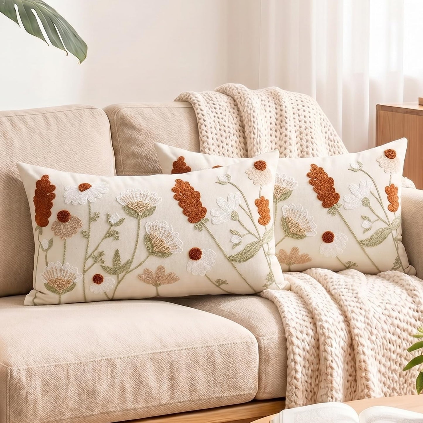 HOSTECCO Butterfly Floral Embroidered Lumbar Pillow Covers 12x20 Set of 2, Boho Textured Flower Decorative Throw Pillow Cases, Spring Summer Garden Style Cushion Covers for Spring Decor