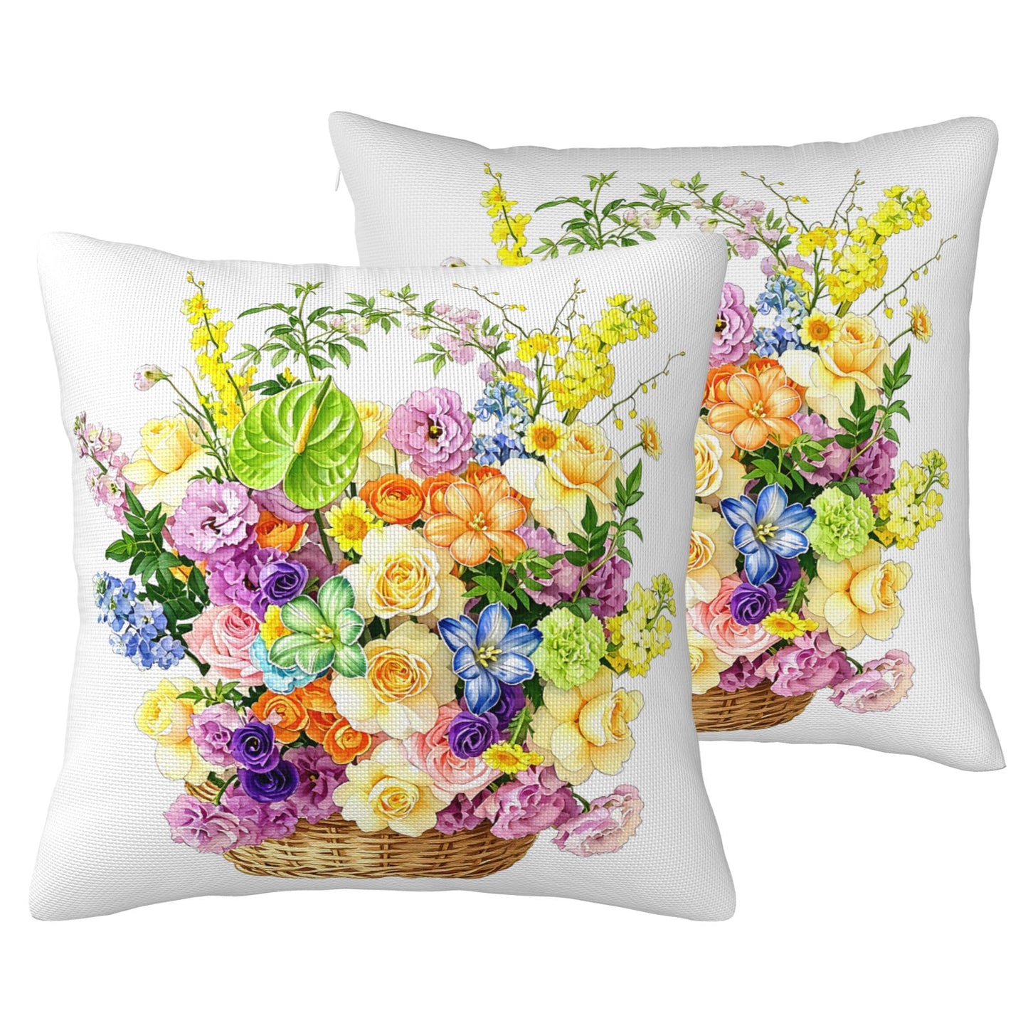 HOSTECCO Waterproof Floral Pillow Covers 18x18 Set of 2, Spring Outdoor Throw Pillows, Red Geranium Flower Basket Bee Farmhouse Decorative Accent Cases for Couch Patio Garden