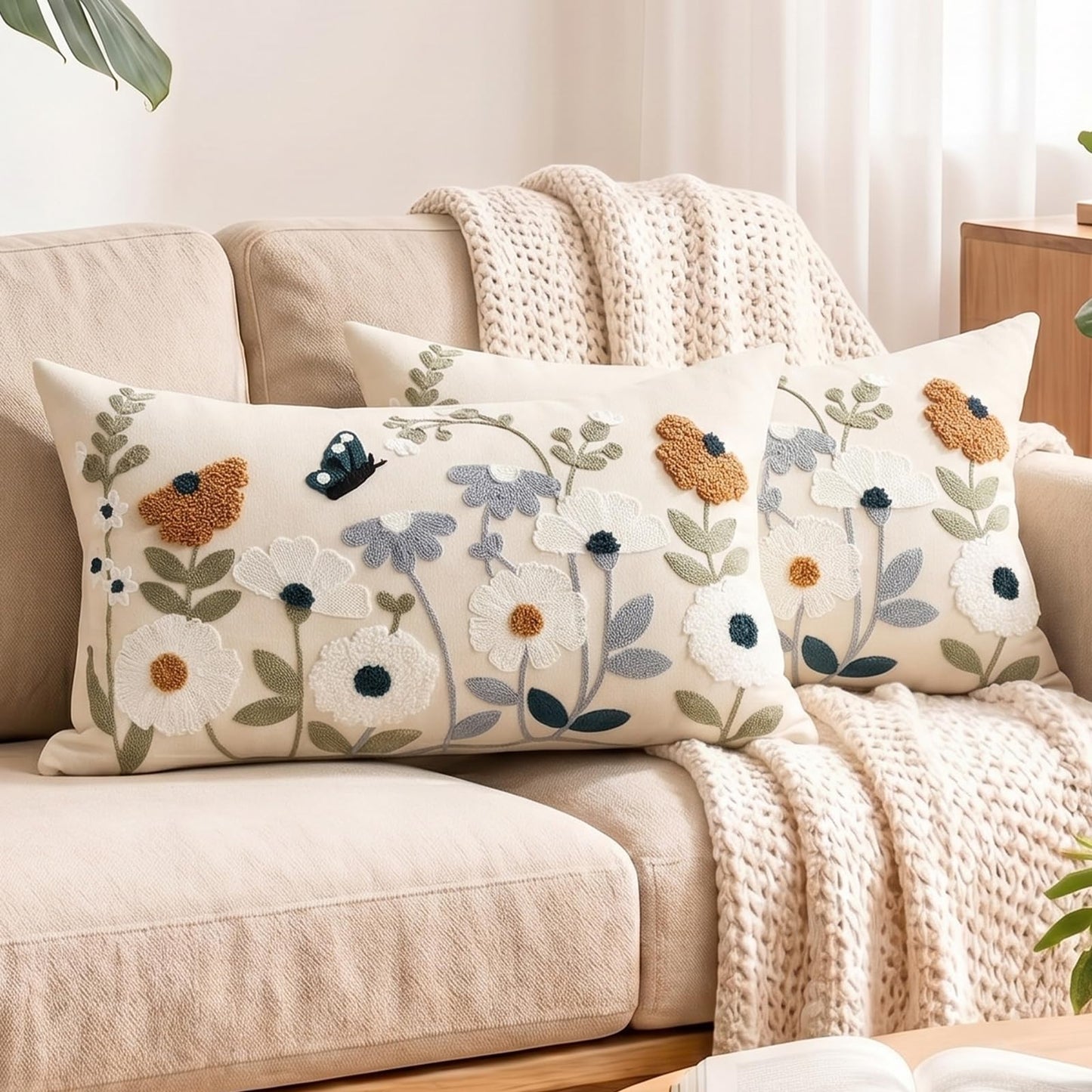 HOSTECCO Butterfly Floral Embroidered Lumbar Pillow Covers 12x20 Set of 2, Boho Textured Flower Decorative Throw Pillow Cases, Spring Summer Garden Style Cushion Covers for Spring Decor