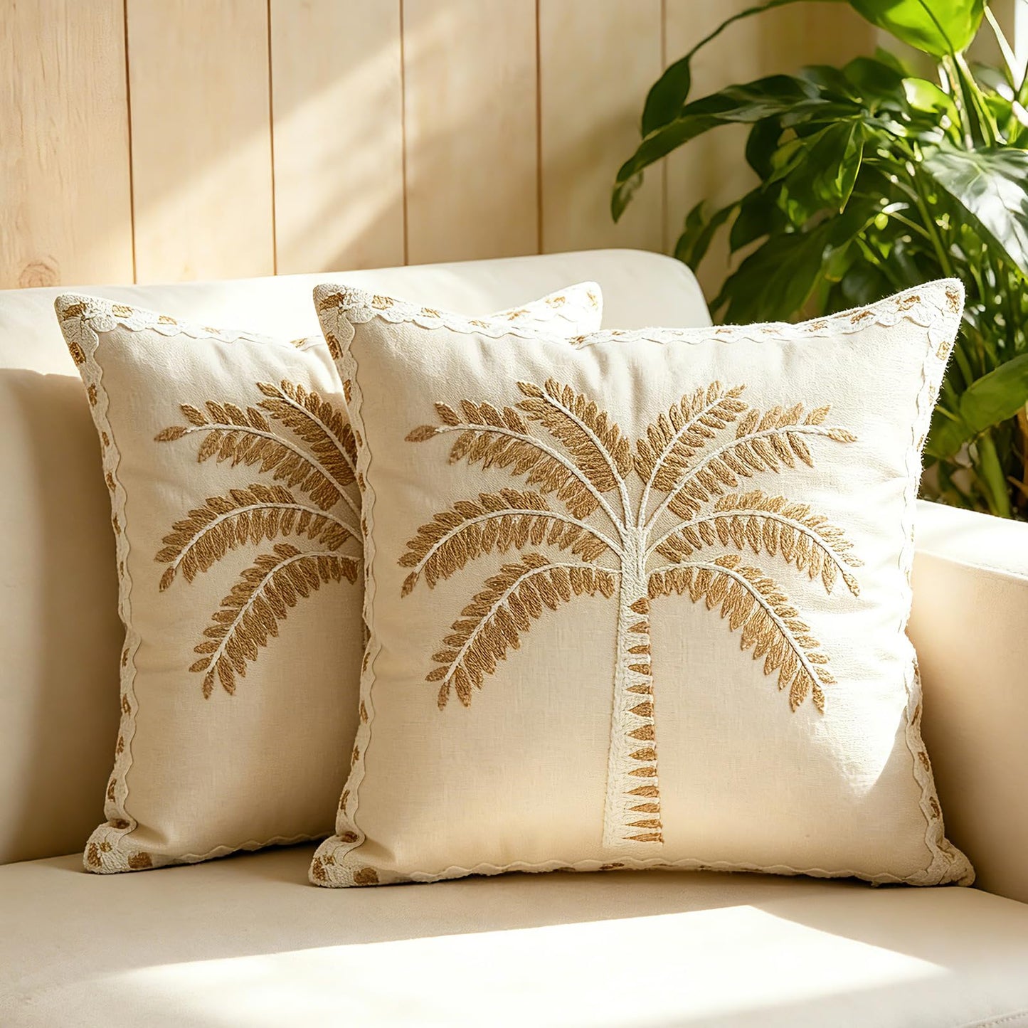 HOSTECCO Set of 2 Tropical Palm Tree Embroidered Throw Pillow Covers, Cotton Linen Decorative Square Cushion Covers for Couch Sofa Coastal Farmhouse Decor, 18x18 Inch, Black