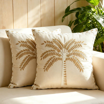 HOSTECCO Set of 2 Tropical Palm Tree Embroidered Throw Pillow Covers, Cotton Linen Decorative Square Cushion Covers for Couch Sofa Coastal Farmhouse Decor, 18x18 Inch, Black