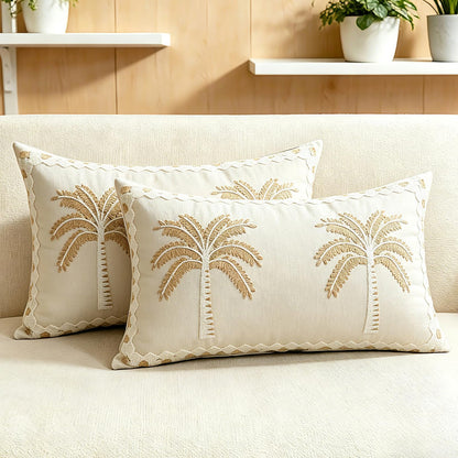 HOSTECCO Set of 2 Tropical Palm Tree Embroidered Throw Pillow Covers, Cotton Linen Decorative Square Cushion Covers for Couch Sofa Coastal Farmhouse Decor, 18x18 Inch, Black
