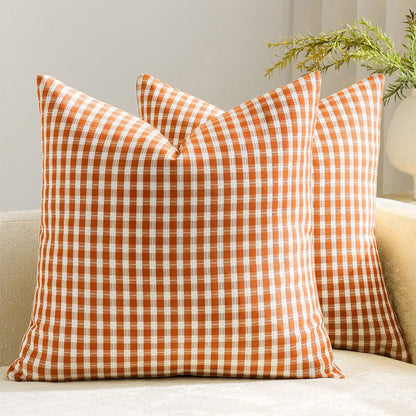 HOSTECCO Outdoor Waterproof Plaid Throw Pillow Covers Set of 2, Orange Gingham Couch Pillow Cases, Boho Farmhouse Cushion Covers for Patio Furniture Summer Fall Decor