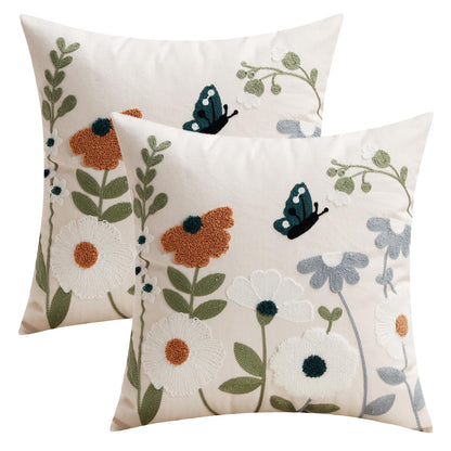 HOSTECCO Butterfly Floral Embroidered Lumbar Pillow Covers 12x20 Set of 2, Boho Textured Flower Decorative Throw Pillow Cases, Spring Summer Garden Style Cushion Covers for Spring Decor