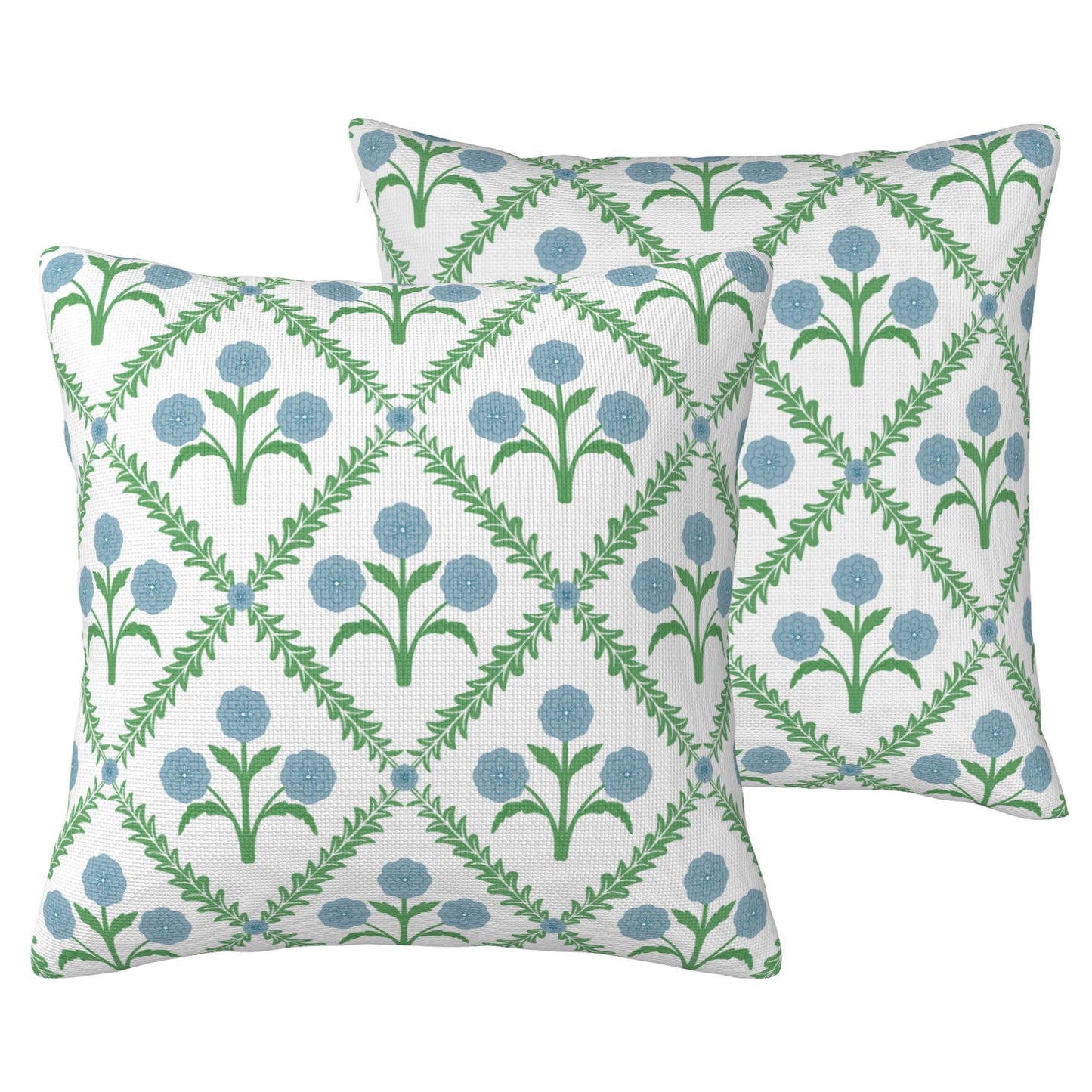 HOSTECCO Waterproof Outdoor Throw Pillow Covers, Pack of 2 Spring Blue and Green Floral Block Print Decorative Covers for Garden Couch