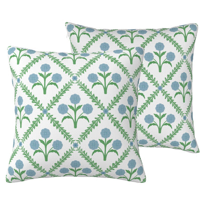 HOSTECCO Waterproof Outdoor Throw Pillow Covers, Pack of 2 Spring Blue and Green Floral Block Print Decorative Covers for Garden Couch