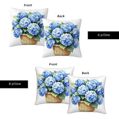 Front and back views of water-resistant linen-look polyester covers with blue hydrangeas in a basket