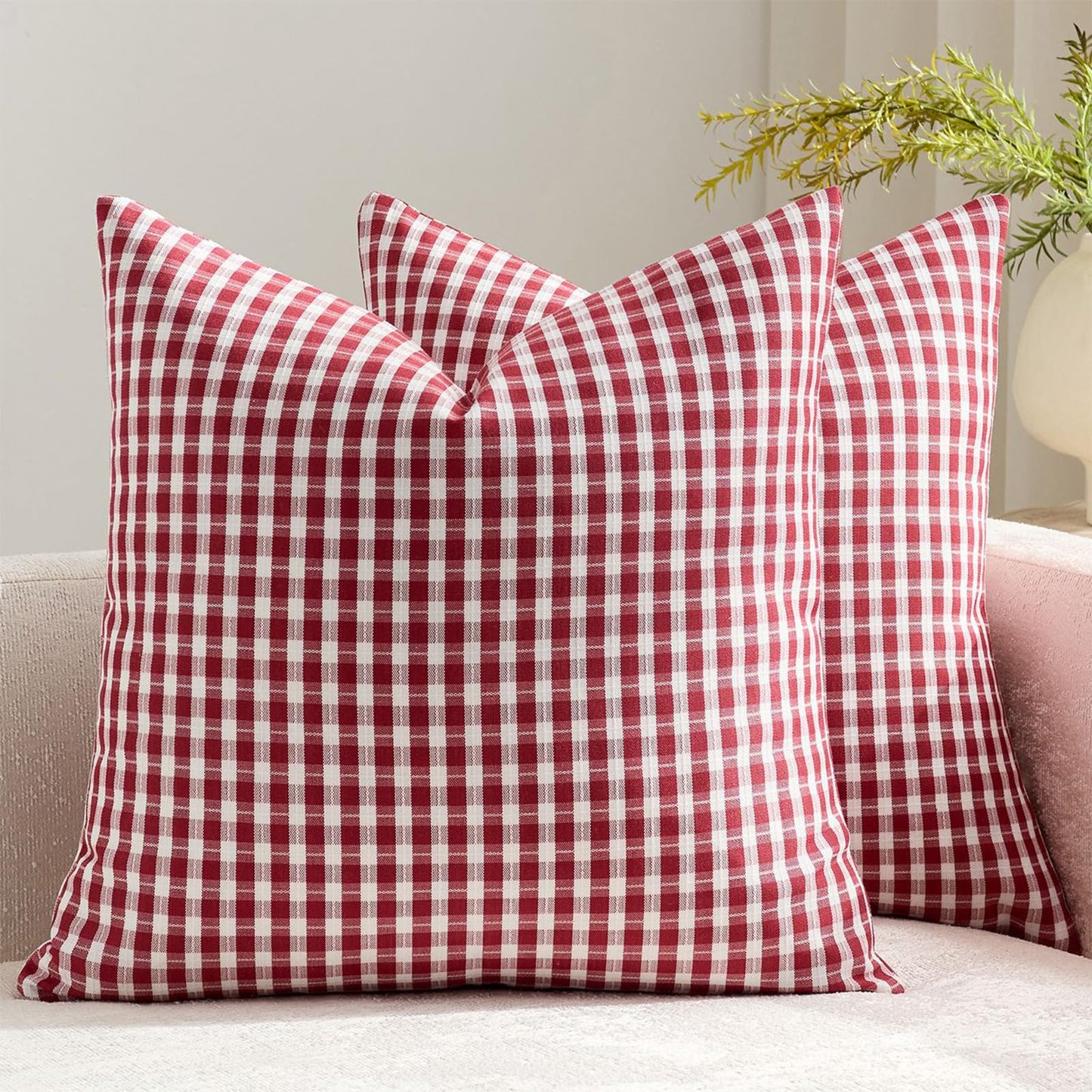 HOSTECCO Outdoor Waterproof Plaid Throw Pillow Covers Set of 2, Orange Gingham Couch Pillow Cases, Boho Farmhouse Cushion Covers for Patio Furniture Summer Fall Decor