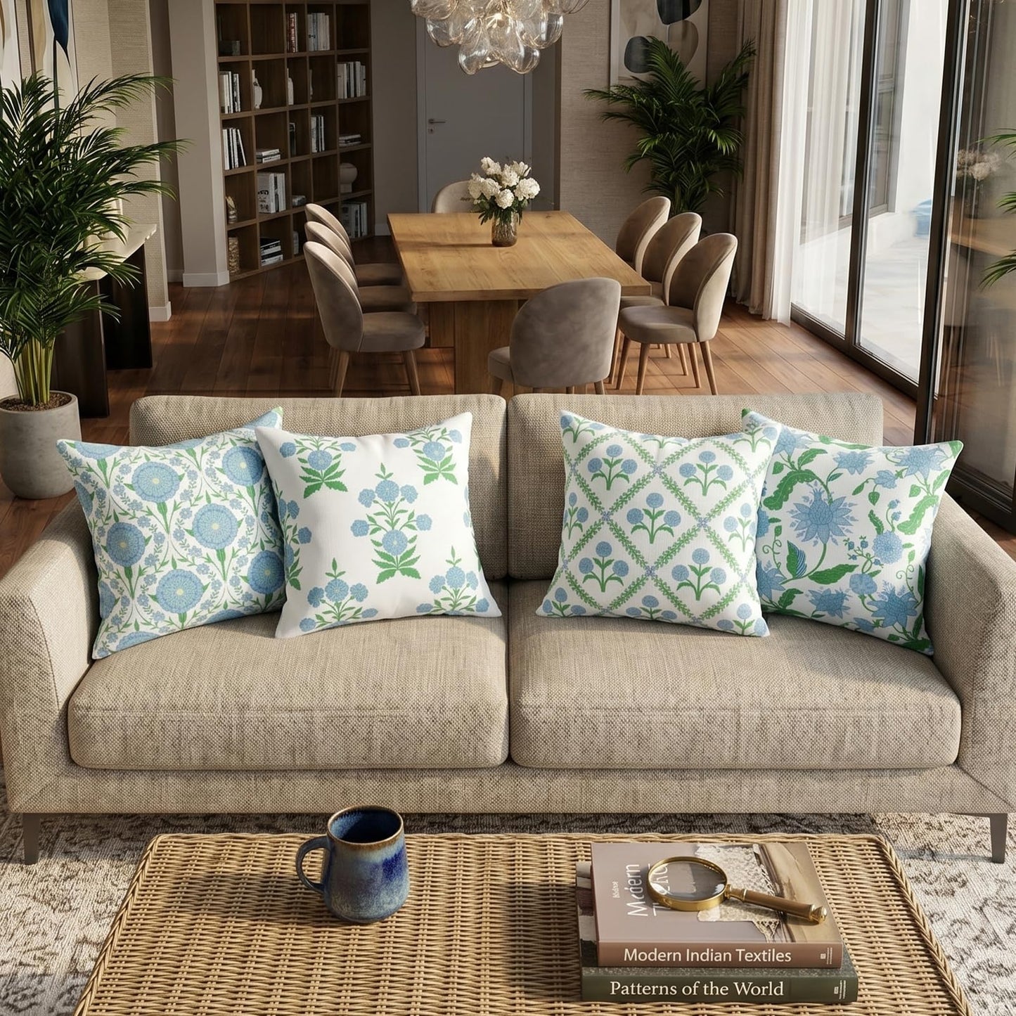 HOSTECCO Waterproof Outdoor Throw Pillow Covers, Pack of 2 Spring Blue and Green Floral Block Print Decorative Covers for Garden Couch