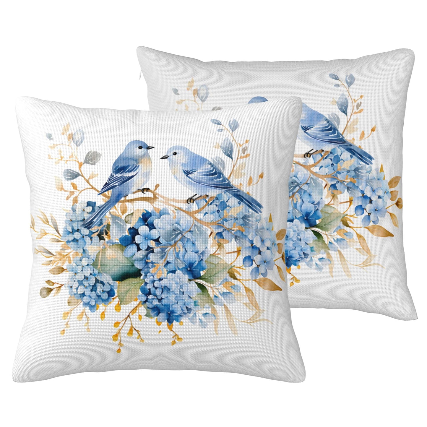 HOSTECCO Spring Outdoor Pillow Covers Set of 2, Blue Bird and Hydrangea Waterproof Throw Pillows, Floral Cushion Covers for Summer Patio Balcony Sofa