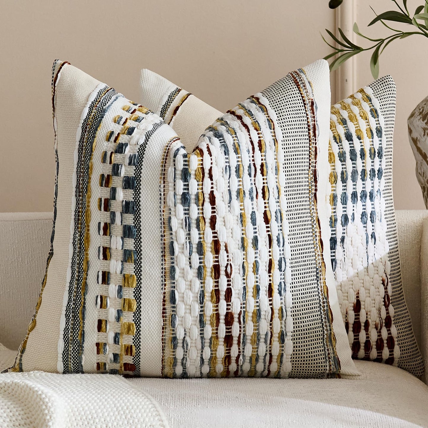 HOSTECCO Terracotta Blue Pillow Covers 18x18 Inch Pack of 2, Chenille Textured Pillow Cases, Boho Farmhouse Decorative Pillows for Couch Sofa Living Room Bedroom