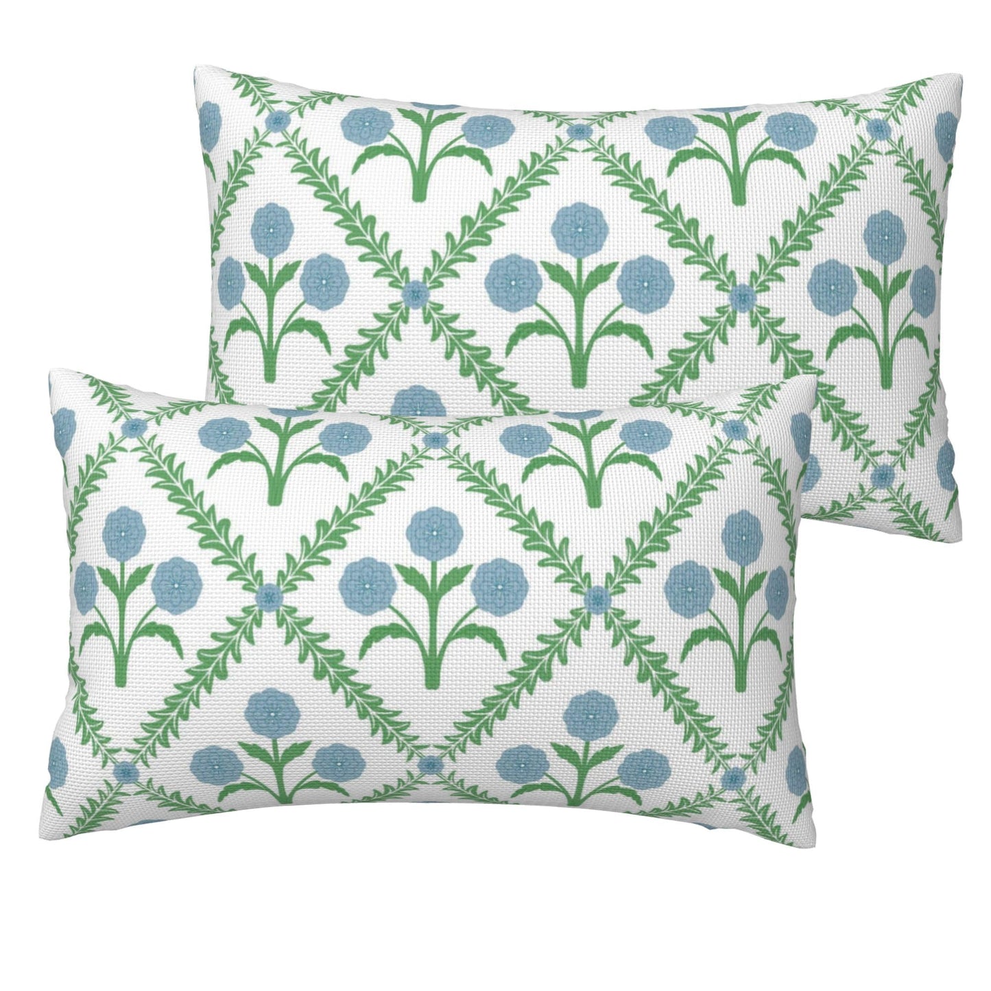 HOSTECCO Waterproof Outdoor Throw Pillow Covers, Pack of 2 Spring Blue and Green Floral Block Print Decorative Covers for Garden Couch