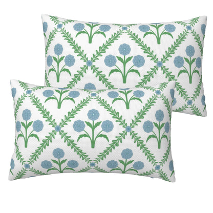 HOSTECCO Waterproof Outdoor Throw Pillow Covers, Pack of 2 Spring Blue and Green Floral Block Print Decorative Covers for Garden Couch