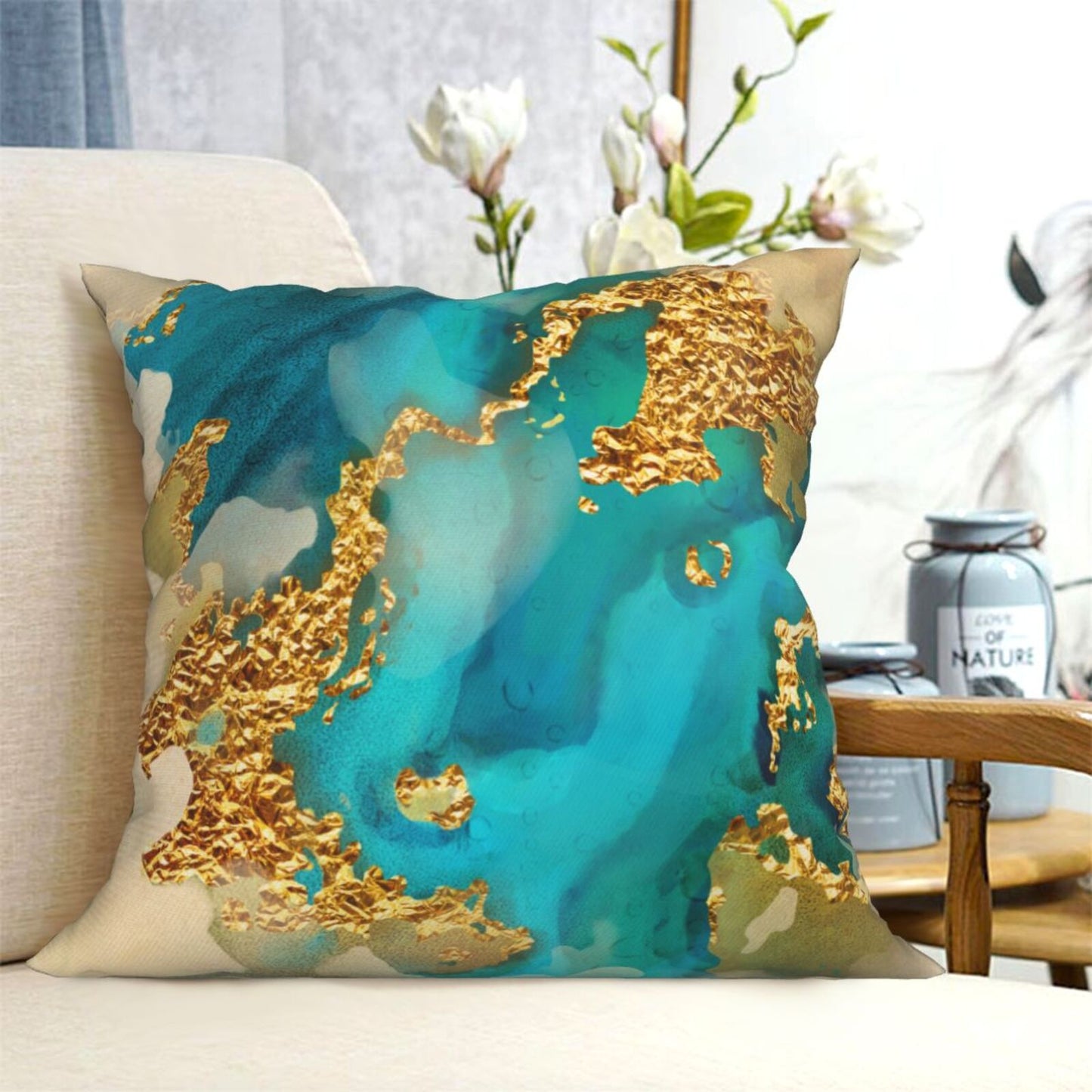 HOSTECCO Teal and Gold Throw Pillow Covers Modern Turquoise Abstract Pillow Cases for Sofa Couch