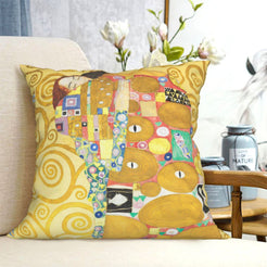 velvet polyester pillow cover with gold mosaic portrait with colorful geometric blocks, shown on a cream sofa