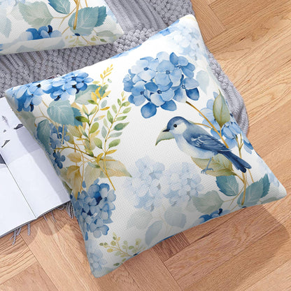 HOSTECCO Spring Outdoor Pillow Covers Set of 2, Blue Bird and Hydrangea Waterproof Throw Pillows, Floral Cushion Covers for Summer Patio Balcony Sofa