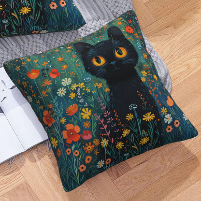 HOSTECCO Floral Black Cat Throw Pillow Covers, Waterproof Spring Pillow Covers with Colorful Wildflowers, Cute Garden Cat Throw Pillows for Couch Sofa Bedroom, Cat Lady Mom Gift Decor