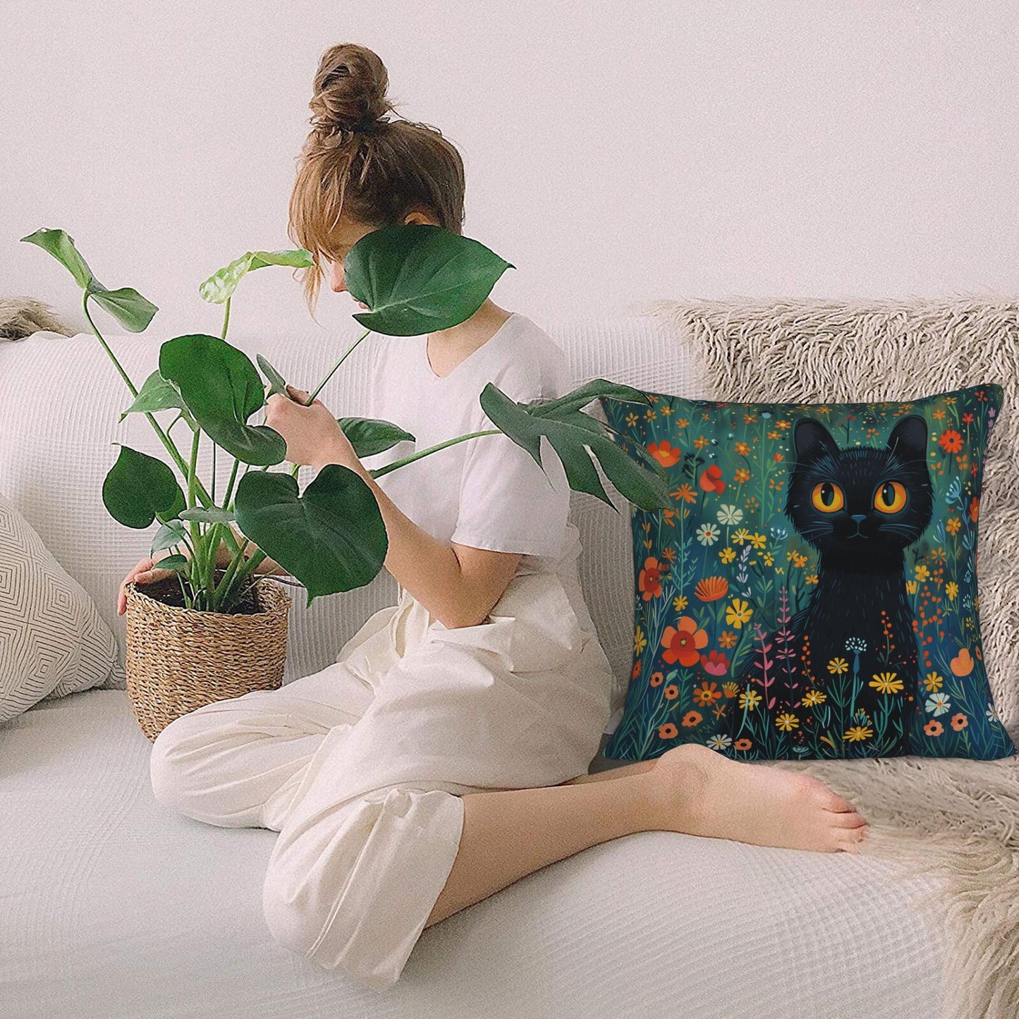 HOSTECCO Floral Black Cat Throw Pillow Covers, Waterproof Spring Pillow Covers with Colorful Wildflowers, Cute Garden Cat Throw Pillows for Couch Sofa Bedroom, Cat Lady Mom Gift Decor