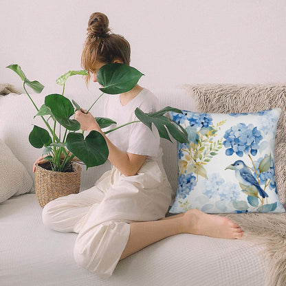 HOSTECCO Spring Outdoor Pillow Covers Set of 2, Blue Bird and Hydrangea Waterproof Throw Pillows, Floral Cushion Covers for Summer Patio Balcony Sofa
