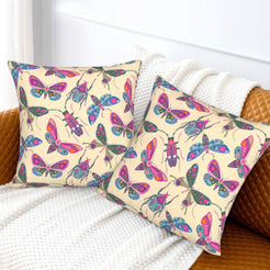 Folk butterfly velvet pillow covers with beige scattered butterflies and beetles, styled on a sofa