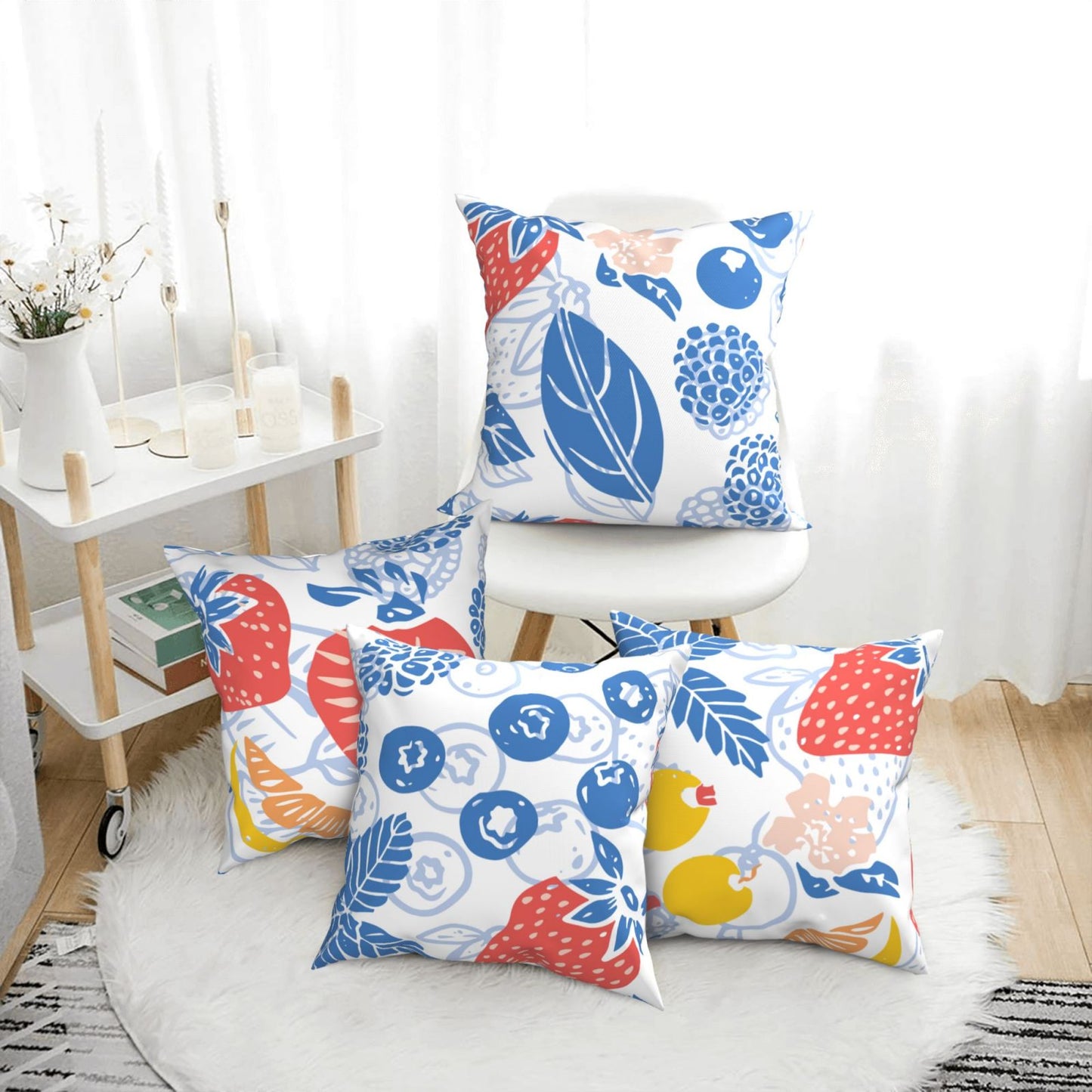 HOSTECCO Summer Throw Pillow Covers 18x18 inch Set of 4 Tropical Fruits Leaf Pillow Cases Blue Decorative Cushion Covers for Sofa Couch