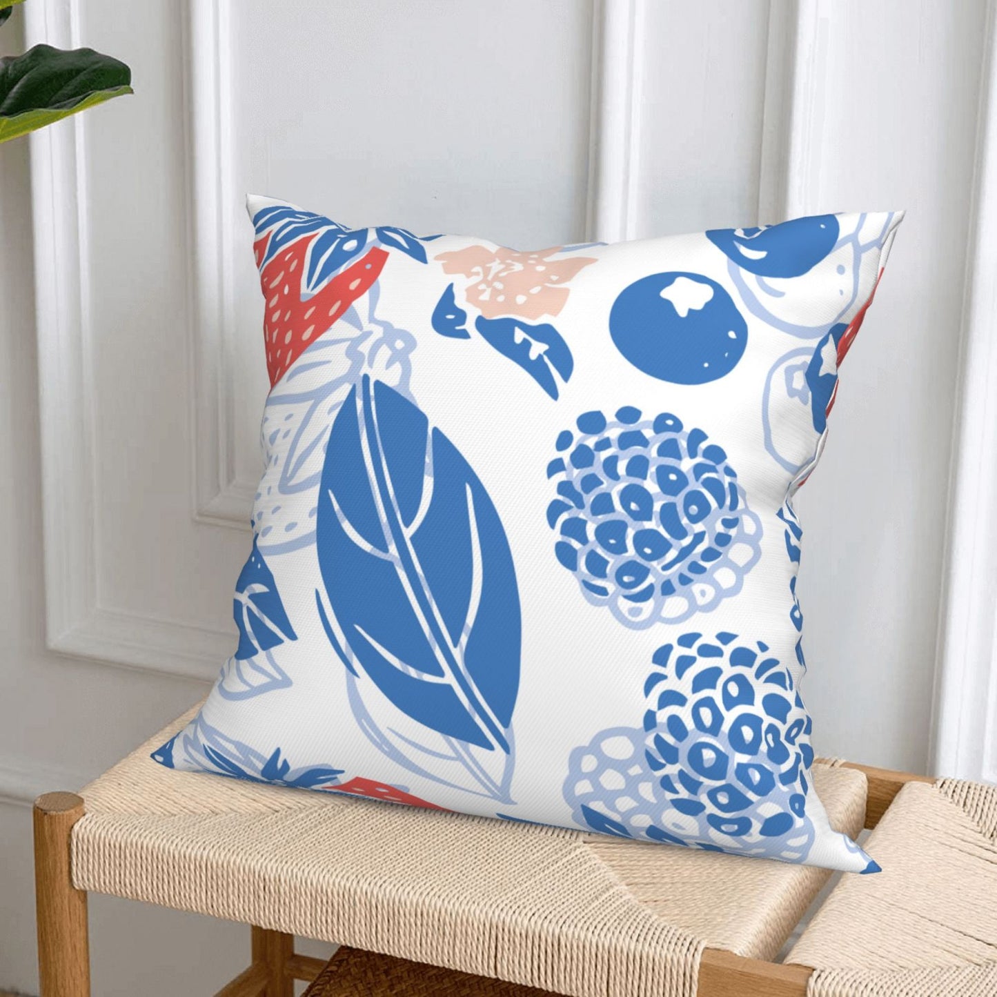 HOSTECCO Summer Throw Pillow Covers 18x18 inch Set of 4 Tropical Fruits Leaf Pillow Cases Blue Decorative Cushion Covers for Sofa Couch