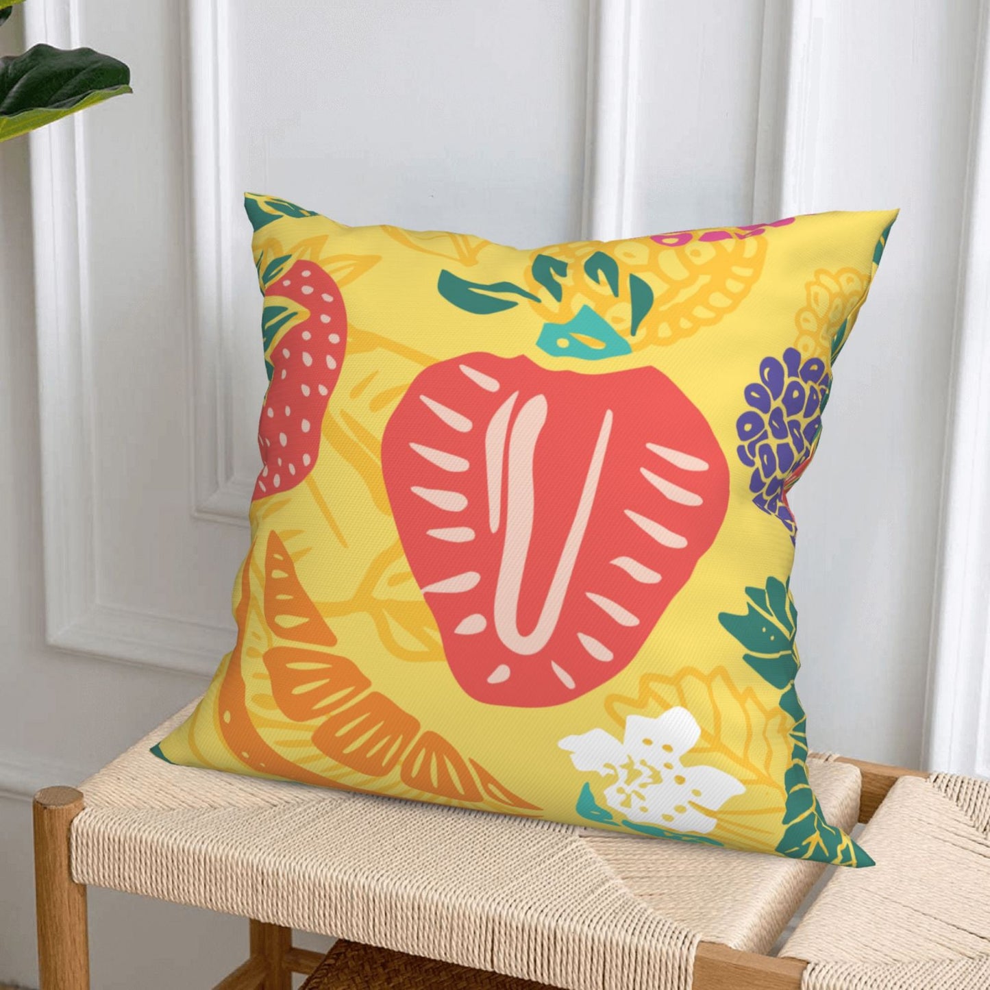 HOSTECCO Yellow Summer Throw Pillow Covers 18x18 inch Set of 4 Tropical Fruits Leaf Pillow Cases Orange Decorative Cushion Covers for Sofa Couch